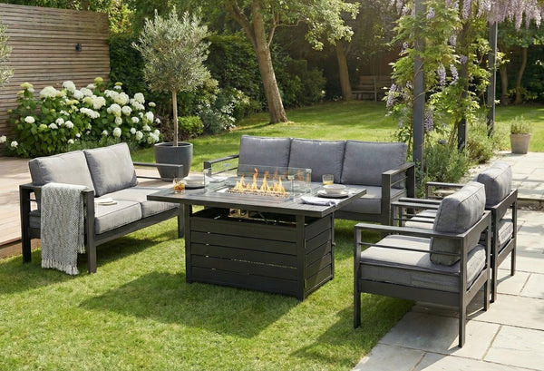 Modern 7-Seater Aluminium Fire Pit Lounge Set (3 Seater, 2 Seater, 2 Armchairs) Grey