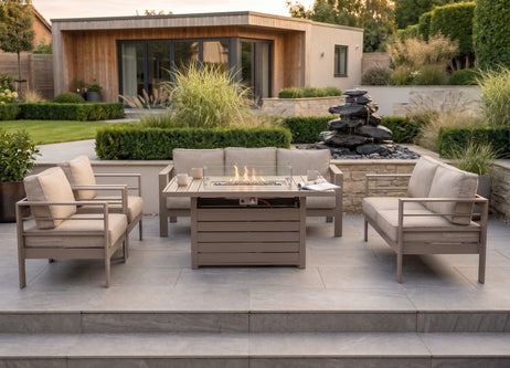 Modern 7-Seater Aluminium Fire Pit Lounge Set (3 & 2 Seater, 2 Chairs) - Taupe / Natural