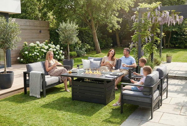 Modern 7-Seater Aluminium Fire Pit Lounge Set (3 Seater, 2 Seater, 2 Armchairs) Grey