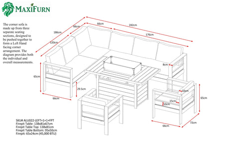 Aluminium Left Hand Corner Garden Sofa Set with Fire Pit Table & Armchairs - Black & Grey
