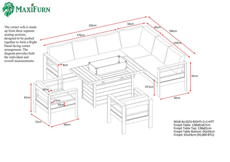 Aluminium Right Hand Corner Garden Sofa Set with Fire Pit Table & Armchairs - Black & Grey