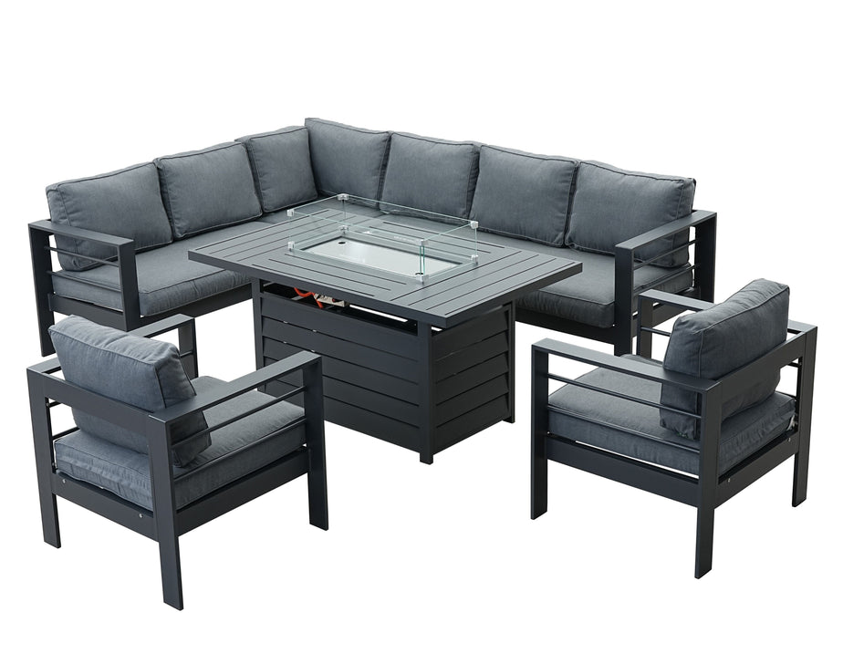 Aluminium Left Hand Corner Garden Sofa Set with Fire Pit Table & Armchairs - Grey