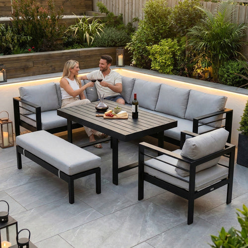 Aluminium Left Hand Corner Garden Sofa & Dining Set with Bench - Black & Grey