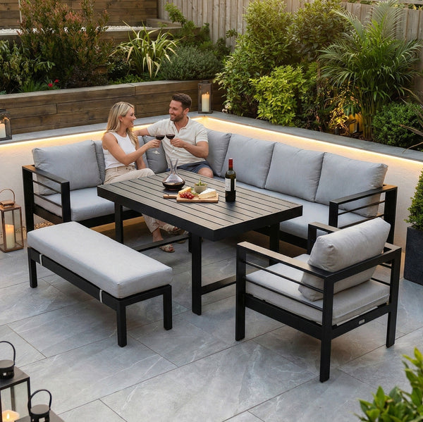 Aluminium Left Hand Corner Garden Sofa & Dining Set with Bench - Black & Grey