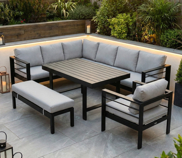 Aluminium Left Hand Corner Garden Sofa & Dining Set with Bench - Black & Grey