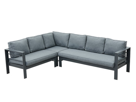 Aluminium Left Hand Corner Garden Sofa Set with Fire Pit Table & Armchairs - Grey