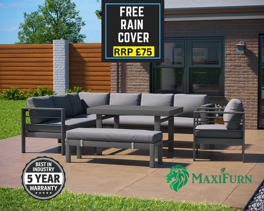 Aluminium Left Hand Corner Garden Sofa & Dining Set with Bench - Dark Grey
