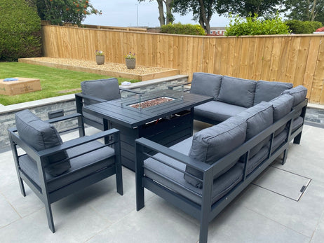 Aluminium Left Hand Corner Garden Sofa Set with Fire Pit Table & Armchairs - Grey