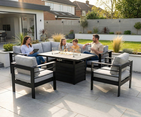 Aluminium Left Hand Corner Garden Sofa Set with Fire Pit Table & Armchairs - Black & Grey