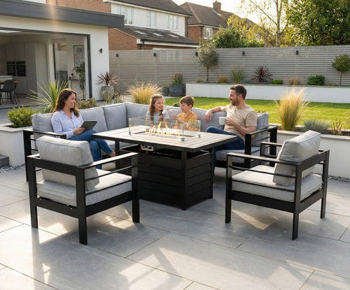 Aluminium Left Hand Corner Garden Sofa Set with Fire Pit Table & Armchairs - Black & Grey