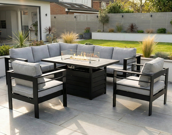 Aluminium Left Hand Corner Garden Sofa Set with Fire Pit Table & Armchairs - Black & Grey