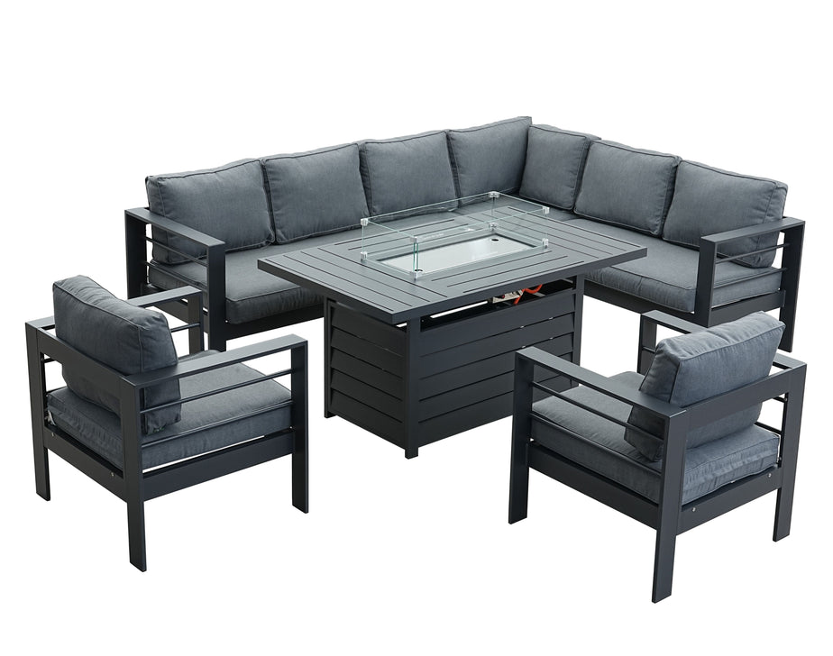 Aluminium Right Hand Corner Garden Sofa Set with Fire Pit Table & Armchairs - Grey