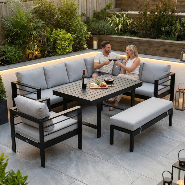 Aluminium Right Hand Corner Garden Sofa & Dining Set with Bench - Black & Grey