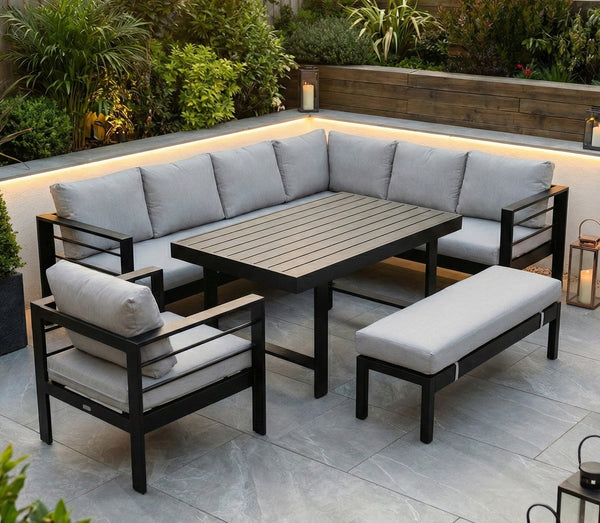 Aluminium Right Hand Corner Garden Sofa & Dining Set with Bench - Black & Grey