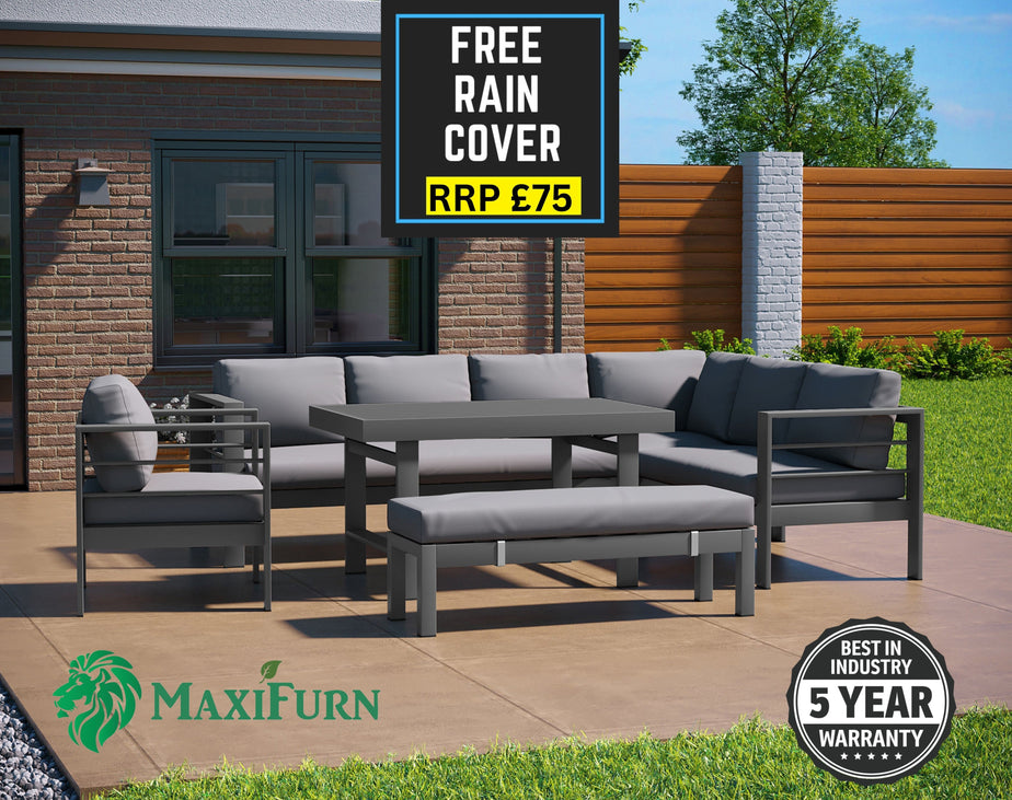 Aluminium Right Hand Corner Garden Sofa & Dining Set with Bench - Dark Grey