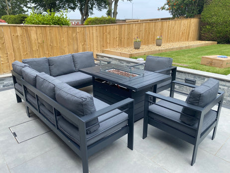 Aluminium Right Hand Corner Garden Sofa Set with Fire Pit Table & Armchairs - Grey