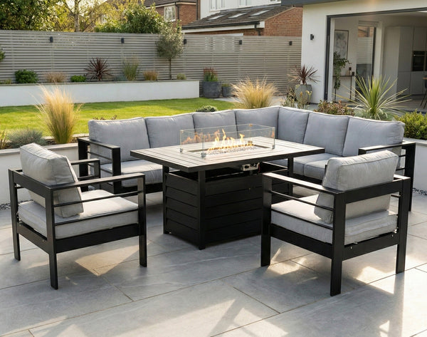 Aluminium Right Hand Corner Garden Sofa Set with Fire Pit Table & Armchairs - Black & Grey