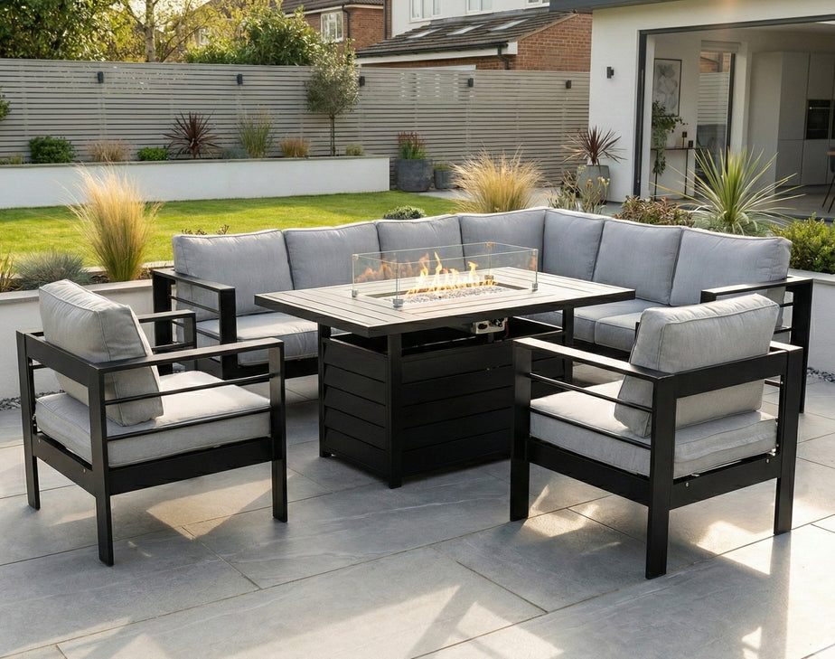 Aluminium Right Hand Corner Garden Sofa Set with Fire Pit Table & Armchairs - Black & Grey