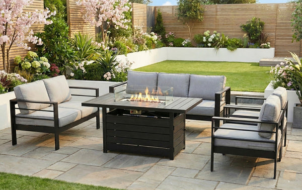 Modern 7-Seater Aluminium Fire Pit Lounge Set (3 Seater, 2 Seater, 2 Chairs) Black & Grey