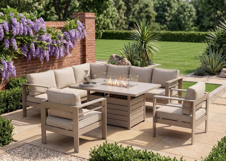 Aluminium Left-Hand Corner Garden Sofa Set with Fire Pit Table & Armchairs - Taupe / Natural