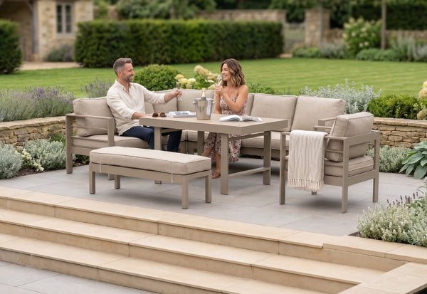 Aluminium Left Hand Corner Garden Sofa & Dining Set with Bench - Taupe / Natural