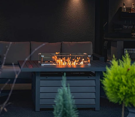 Aluminium Left Hand Corner Garden Sofa Set with Fire Pit Table & Armchairs - Grey
