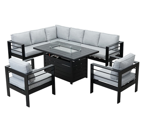 Aluminium Left Hand Corner Garden Sofa Set with Fire Pit Table & Armchairs - Black & Grey