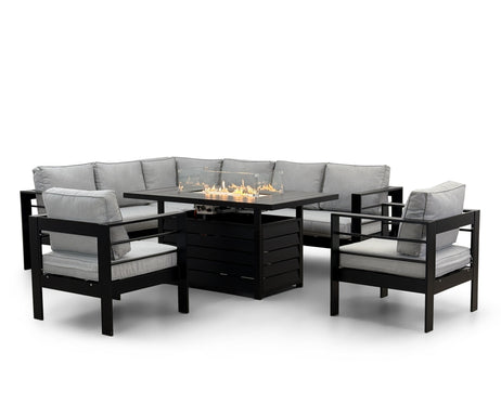 Aluminium Left Hand Corner Garden Sofa Set with Fire Pit Table & Armchairs - Black & Grey