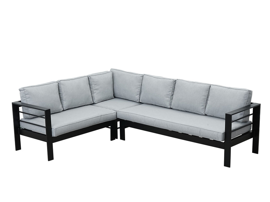 Aluminium Left Hand Corner Garden Sofa Set with Fire Pit Table & Armchairs - Black & Grey