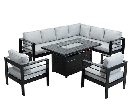 Aluminium Right Hand Corner Garden Sofa Set with Fire Pit Table & Armchairs - Black & Grey