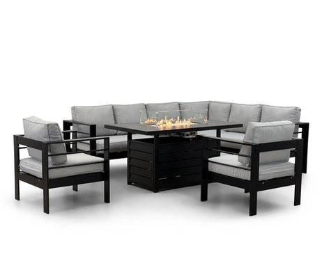 Aluminium Right Hand Corner Garden Sofa Set with Fire Pit Table & Armchairs - Black & Grey