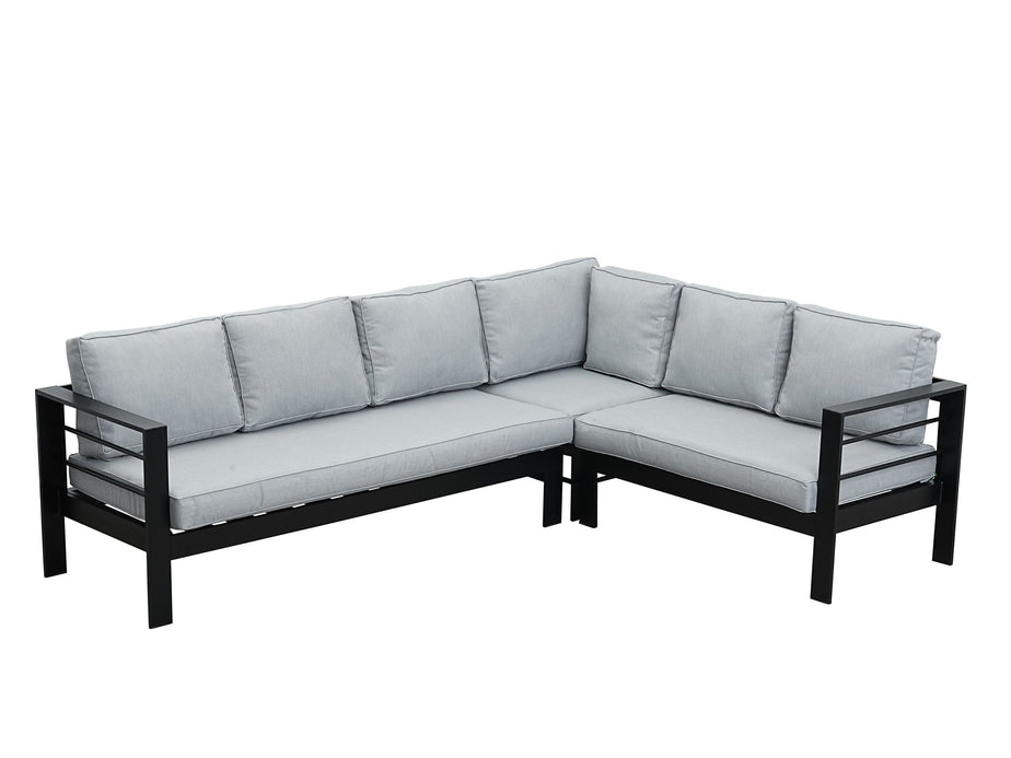 Aluminium Right Hand Corner Garden Sofa Set with Fire Pit Table & Armchairs - Black & Grey