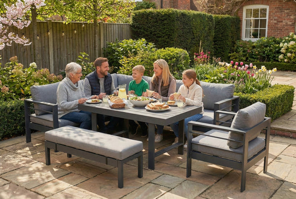 Aluminium Left Hand Corner Garden Sofa & Dining Set with Bench - Dark Grey