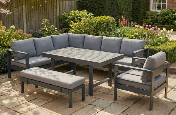 Aluminium Left Hand Corner Garden Sofa & Dining Set with Bench - Dark Grey