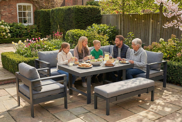 Aluminium Right Hand Corner Garden Sofa & Dining Set with Bench - Dark Grey