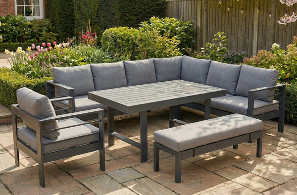 Aluminium Right Hand Corner Garden Sofa & Dining Set with Bench - Dark Grey