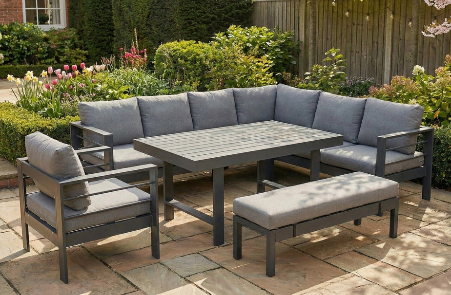 Aluminium Right Hand Corner Garden Sofa & Dining Set with Bench - Dark Grey