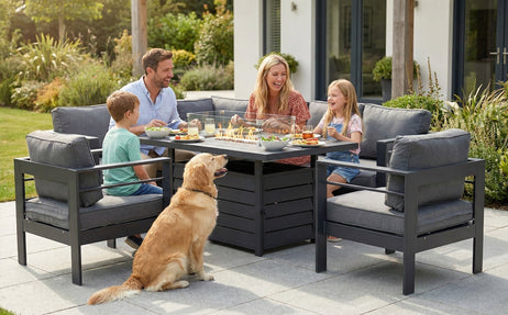 Aluminium Left Hand Corner Garden Sofa Set with Fire Pit Table & Armchairs - Grey