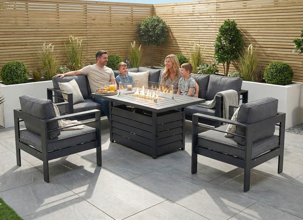 Aluminium Left Hand Corner Garden Sofa Set with Fire Pit Table & Armchairs - Grey