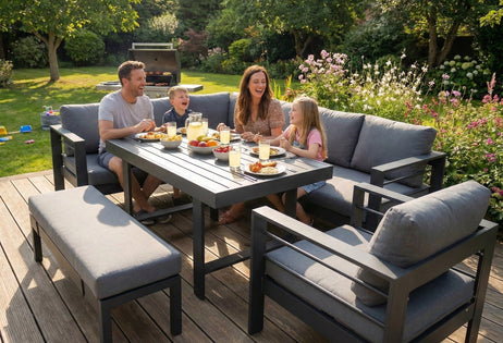 Aluminium Left Hand Corner Garden Sofa & Dining Set with Bench - Dark Grey