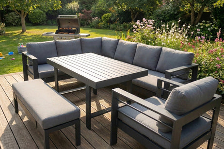 Aluminium Left Hand Corner Garden Sofa & Dining Set with Bench - Dark Grey