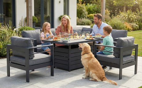 Aluminium Right Hand Corner Garden Sofa Set with Fire Pit Table & Armchairs - Grey