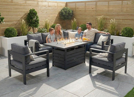 Aluminium Right Hand Corner Garden Sofa Set with Fire Pit Table & Armchairs - Grey