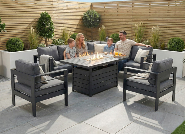 Aluminium Right Hand Corner Garden Sofa Set with Fire Pit Table & Armchairs - Grey