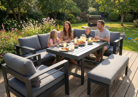 Aluminium Right Hand Corner Garden Sofa & Dining Set with Bench - Dark Grey