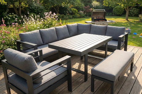 Aluminium Right Hand Corner Garden Sofa & Dining Set with Bench - Dark Grey
