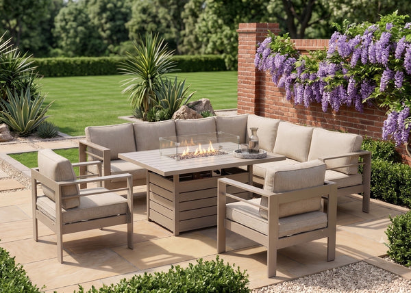 Aluminium Right-Hand Corner Garden Sofa Set with Fire Pit Table & Armchairs - Taupe / Natural