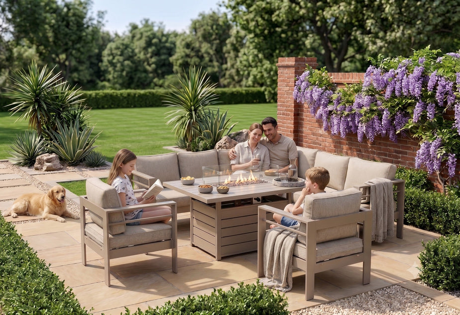 Aluminium Right-Hand Corner Garden Sofa Set with Fire Pit Table & Armchairs - Taupe / Natural