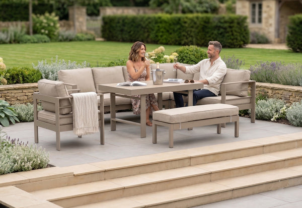 Aluminium Right Hand Corner Garden Sofa & Dining Set with Bench - Taupe / Natural