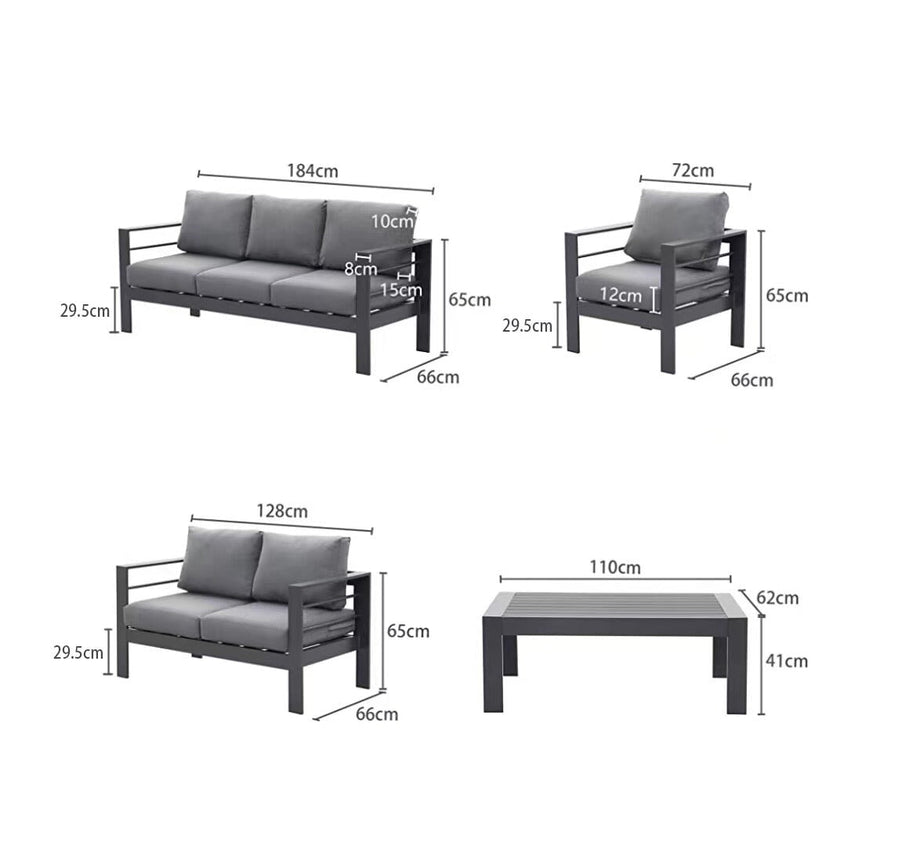 Aluminium 4-Piece Garden Furniture Set - 6 Seater Lounge (3+2+1) - Grey